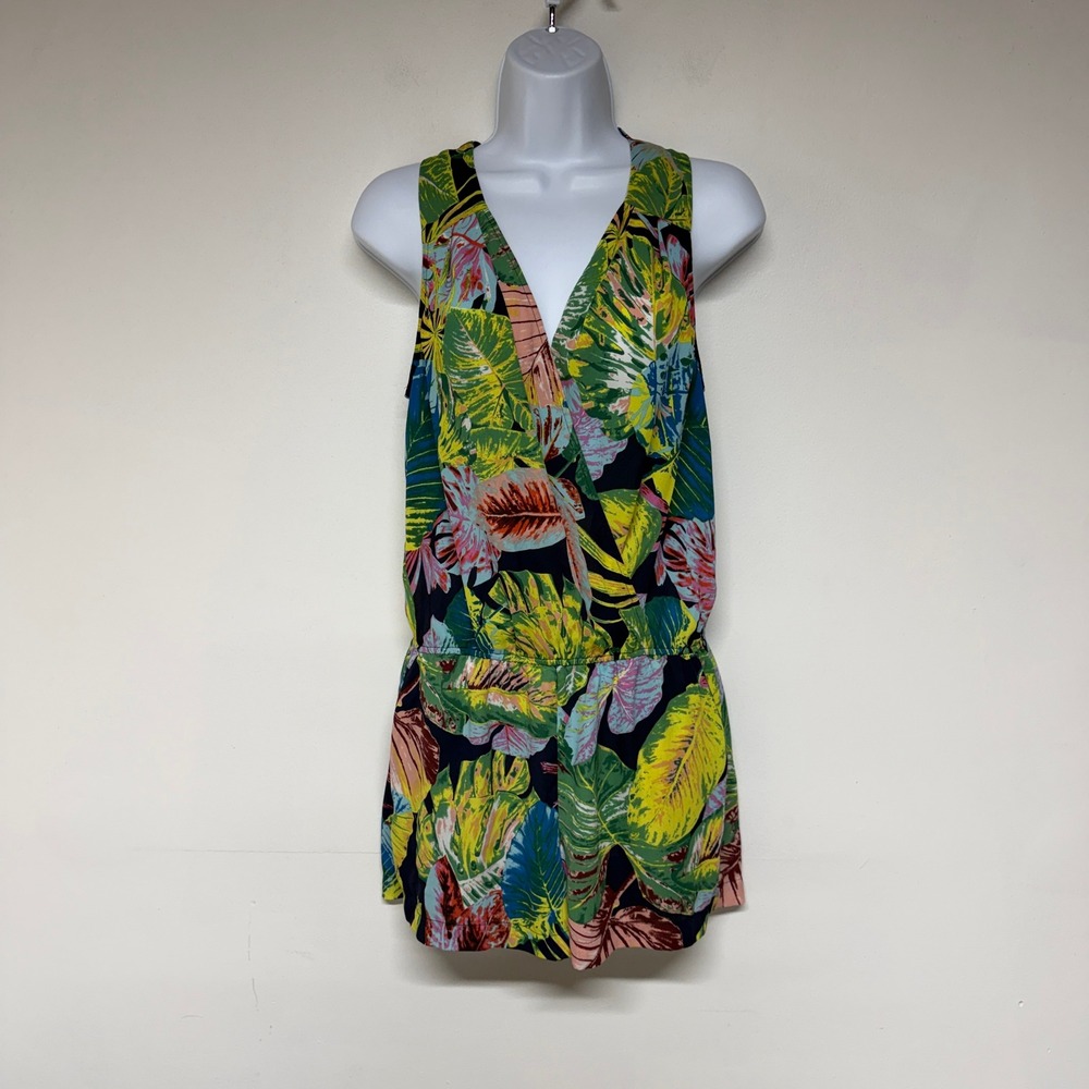 BCBG Maxazria Romper Size XS Tropical Leaf Print Sleeveless V-Neck Multicolor